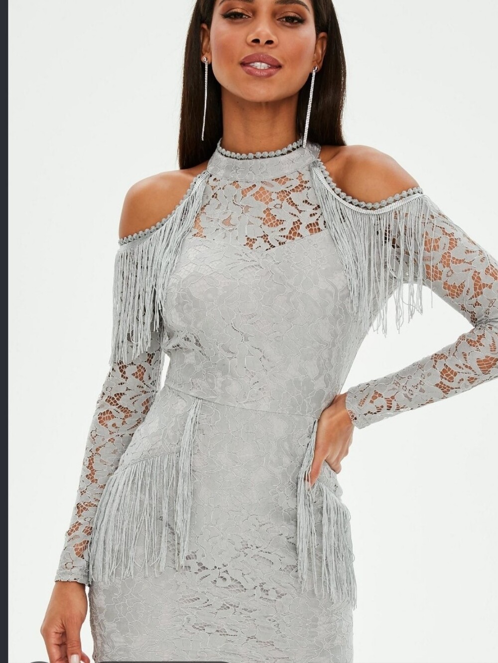 Missguided- Grey- High Neck Cold Shoulder Fringe Lace Bodycon Dress. Size 8. NWT